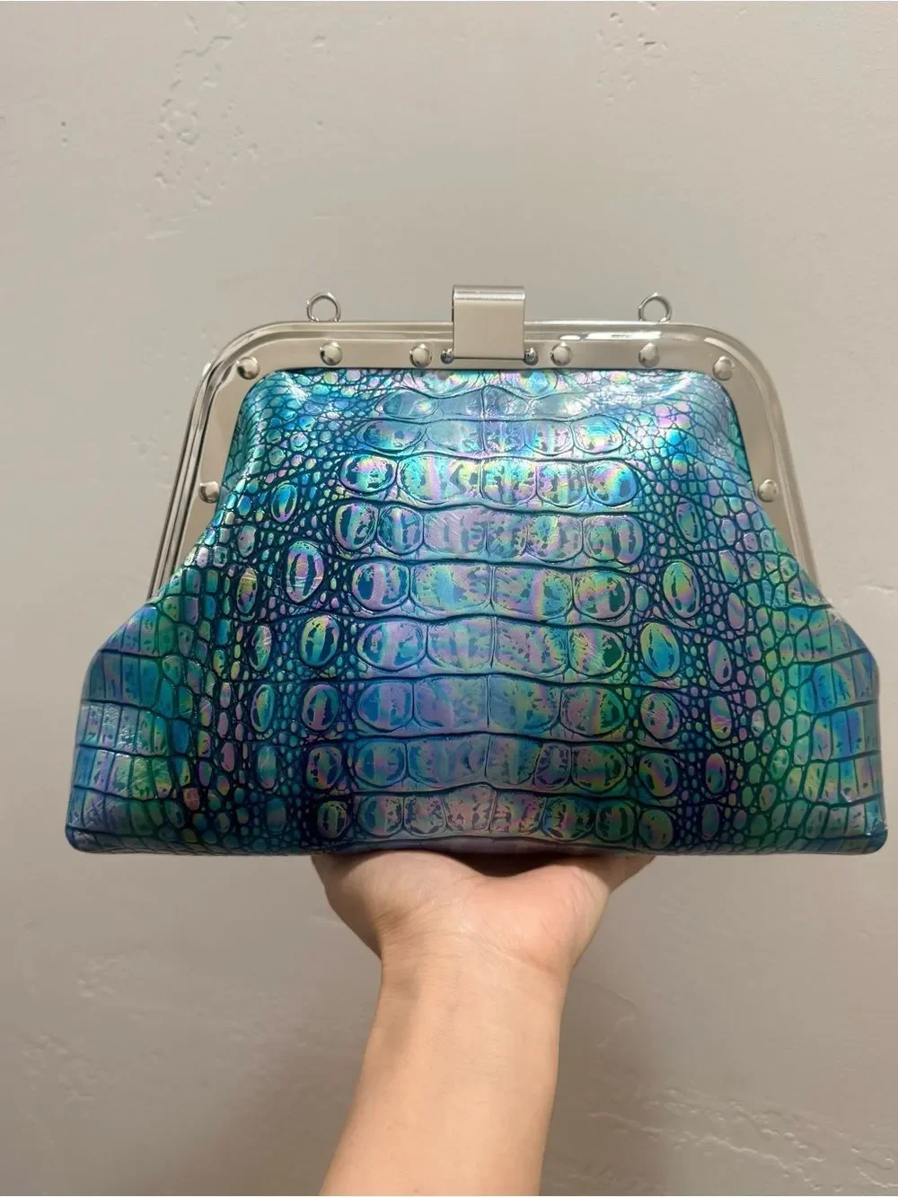 Iridescent Croc-Embossed Cowhide Handmade Unique Rivet Frame Bag, Large Size